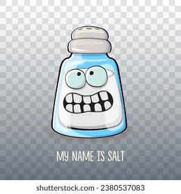 Cute cartoon salt shaker with smiling faces isolated on transparent background. Funky Kawaii salt character. My name is salt concept illustration for printing on tee