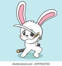 Cute cartoon samurai bunny with large ears, pink accents, and a sword in an action pose. Perfect for children's designs and playful illustrations.