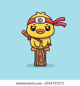 Cute Cartoon Samurai Duck Is Sitting on a Wooden Tree Vector Icon Illustration. Animal Holiday Icon Concept Isolated Premium Vector. Animals Cartoon Style