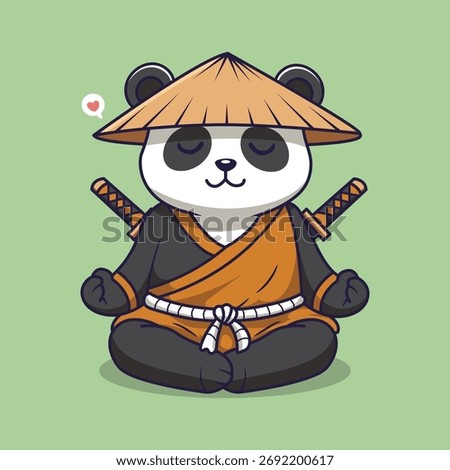 Cute Cartoon Samurai Panda Meditating Peacefully with Straw Hat and Swords . Vector Illustration of Whimsical Zen Warrior