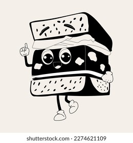 Cute Cartoon sandwich character. Happy and cheerful emotions. Old animation 60s 70s, funny cartoon characters. Trendy illustration in retro style.