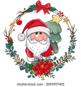 Cute Cartoon Santa with Christmas tree on a white background