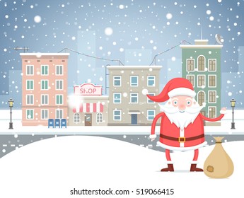 Cute cartoon Santa Claus  with bag in the small town on holidays. Christmas winter snowfall cityscape background.