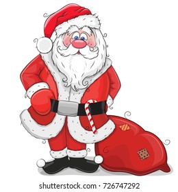 Cute Cartoon Santa Claus with bag on a white background