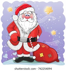 Cute Cartoon Santa Claus with bag on a stars background