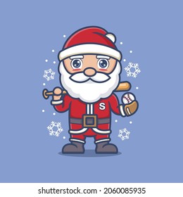 cute cartoon santa claus becomes baseball player. vector illustration for mascot logo or sticker