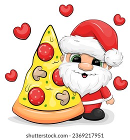 Cute cartoon Santa Claus with a big piece of pizza. Christmas vector illustration on a white background with red hearts.