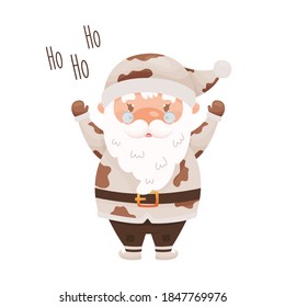 Cute cartoon Santa Claus character wearing the costume with cow pattern. For Chinese New year of the zodiac ox cow year. Vector illustration.