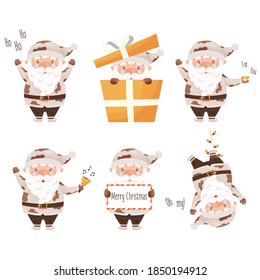 Cute cartoon Santa Claus character set wearing the costume with cow pattern. For Chinese New year of the zodiac ox cow year. Vector illustration.