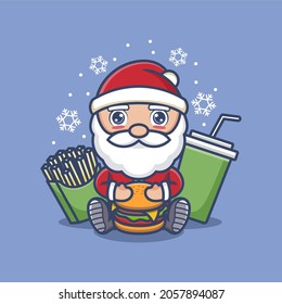 cute cartoon santa claus character having burger,fries and soft drink. vector illustration for mascot logo or sticker