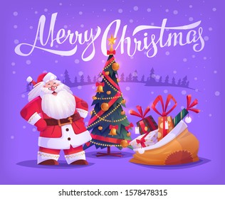 Cute cartoon Santa Claus with Christmas tree and gift bag Merry Christmas vector illustration Greeting card poster