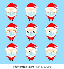 Cute cartoon Santa Claus . Christmas emoji face set. Icons emoticons in medical masks.  vector illustration