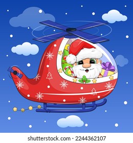 Cute cartoon Santa Claus with a Christmas tree and gifts in a helicopter. Festive vector illustration on blue background with cloud.
