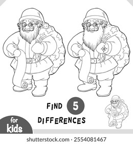 Cute cartoon Santa Claus and Christmas bag. Black and white find differences educational game