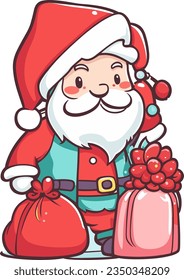 Cute cartoon Santa Claus coming in Christmas day with gifts vector illustration