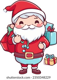 Cute cartoon Santa Claus coming in Christmas day with gifts vector illustration