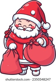 Cute cartoon Santa Claus coming in Christmas day with gifts vector illustration
