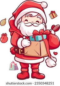 Cute cartoon Santa Claus coming in Christmas day with gifts vector illustration