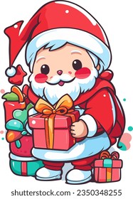 Cute cartoon Santa Claus coming in Christmas day with gifts vector illustration