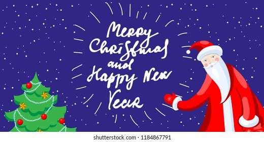 Cute cartoon Santa Claus decorating Christmas tree Merry Christmas vector illustration