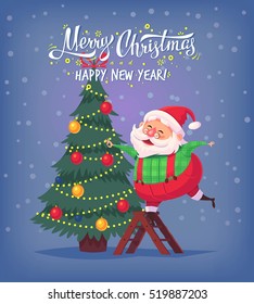 Cute cartoon Santa Claus decorating Christmas tree Merry Christmas vector illustration Greeting card poster.