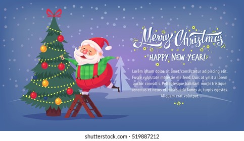 Cute cartoon Santa Claus decorating Christmas tree Merry Christmas vector illustration Greeting card poster horizontal banner.