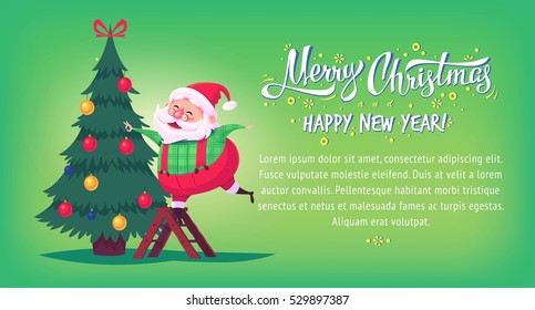 Cute cartoon Santa Claus decorating Christmas tree Merry Christmas vector illustration Greeting card poster horizontal banner