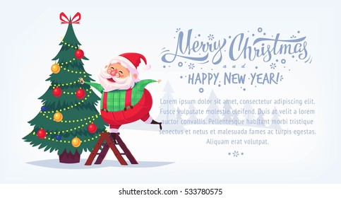 Cute cartoon Santa Claus decorating Christmas tree Merry Christmas vector illustration Greeting card poster horizontal banner