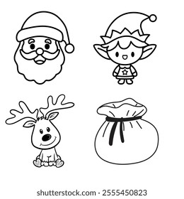 Cute Cartoon Santa Claus, Deer, Christmas icon set vector illustration