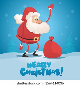 Cute cartoon Santa Claus delivering gifts in big bag Merry Christmas vector illustration Greeting card poster.