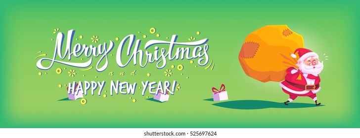 Cute cartoon Santa Claus delivering gifts in big bag Merry Christmas vector illustration Greeting card poster