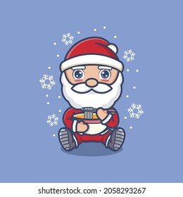 cute cartoon santa claus eating ramen noodles. vector illustration for mascot logo or sticker