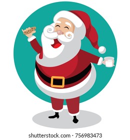 Cute cartoon Santa Claus eating his Christmas cookie with a glass of milk. EPS 10 vector illustration.