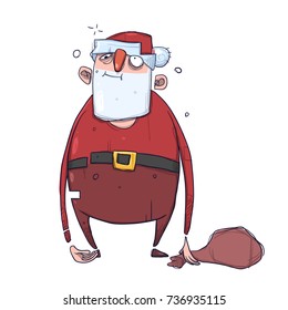 Cute cartoon Santa Claus with empty sack of gifts. Vector Illustration, isolated on white background.