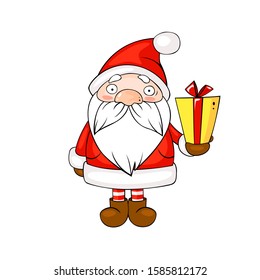 Cute cartoon Santa Claus with gift on white background. Beautiful illustration for Christmas design.