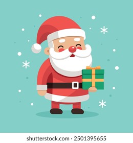 Cute cartoon Santa Claus gives gifts. Happy Christmas and New Year. Winter holidays. Vector flat isolated illustration.