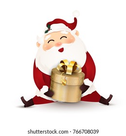 Cute cartoon Santa Claus giving christmas present. Funny, happy Santa Claus sitting and holding golden shiny gift box isolated on white background. vector illustration.