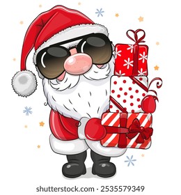 Cute Cartoon Santa Claus with glasses on white background