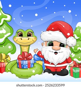 Lindo dibujo animado de Papá Noel y serpiente verde se encuentran junto a los árboles de invierno con regalos de Navidad. Ilustración vectorial sobre un fondo azul con nieve.