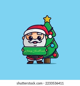 Cute cartoon santa claus greeting with christmas tree