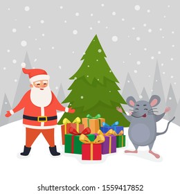 Cute cartoon Santa Claus and grey rat mouse cartoon character staing in the winter forest near Christmas trees and Christmas box and gift. For Merry Christmas card. Vector illustraion.