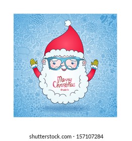 Cute cartoon Santa Claus in hipster glasses on doodle background