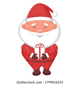 Cute cartoon Santa Claus holding gift. Isolated character on a white background. Vector illustration.