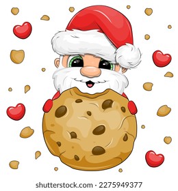 Cute cartoon Santa Claus holding a cookie with chocolate chips. Christmas vector illustration isolated on white background with crumbs and hearts.