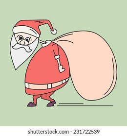 Cute cartoon of a Santa Claus holding a big gift sack on his back for Merry Christmas and other occasion celebrations.