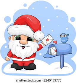 A cute cartoon Santa Claus with a letter stands next to the mailbox. Winter vector illustration on a blue background.