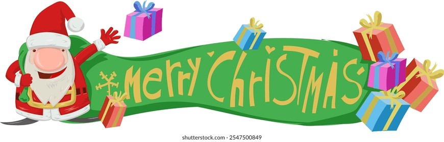 Cute cartoon Santa Claus  with   Merry Christmas vector illustration horizontal banner