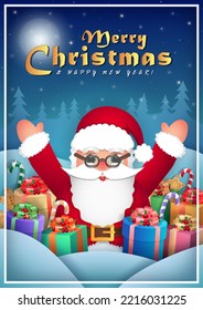 Cute cartoon Santa Claus in the middle of gifts and sweets with his hands up. Vector holiday greeting card with Santa and decorations - presents and candy, cookie. Xmas character on winter background.