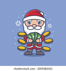 cute cartoon santa claus with money and coins. vector illustration for mascot logo or sticker
