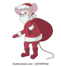 Cute cartoon Santa Claus mouse holding a red bag with presents. Isolated object on white background. Decor element for for gift card and kids products  